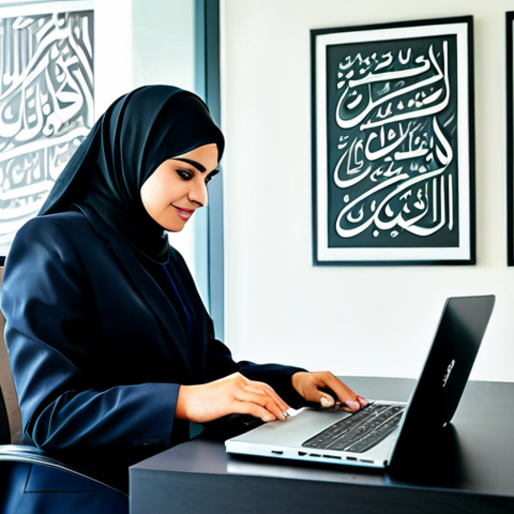 Modern Business Professional**

"A professional Arab businesswoman, fully clothed in a modest business suit, working on a laptop in a bright, modern office with Arabic calligraphy art on the walls, appropriate attire, safe for work, perfect anatomy, natural proportions, professional photography, high quality, family-friendly."

**