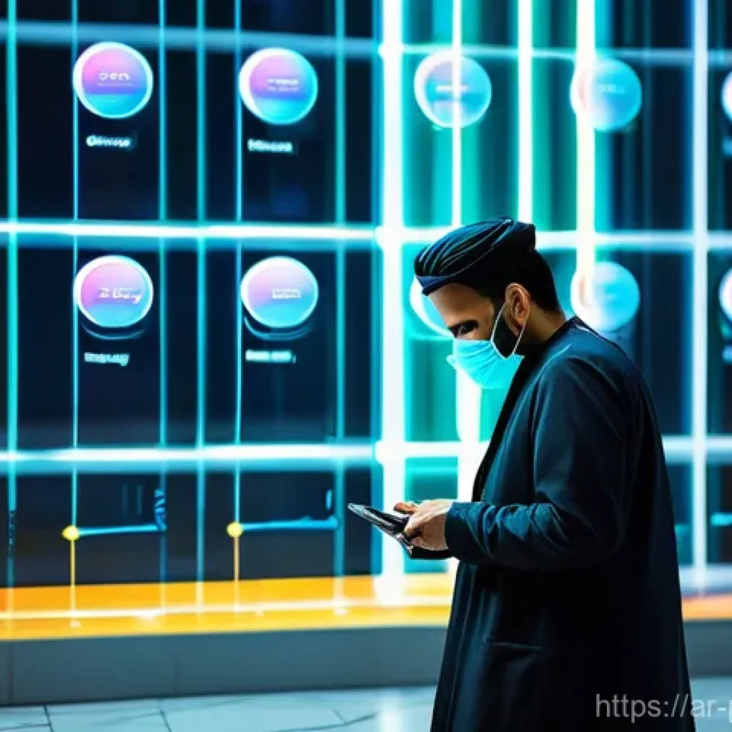 다양한 산업에서의 데이터 프라이버시 - **Prompt:** A bustling, modern urban setting in an Arab city, such as Dubai or Riyadh, with people o...