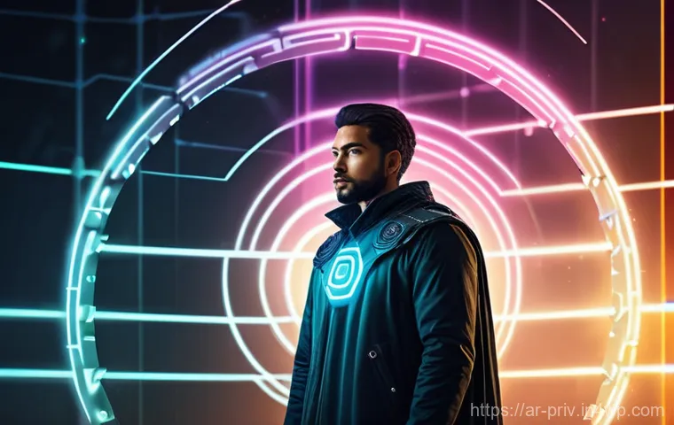 데이터 프라이버시를 위한 필수 도구 - **Prompt:** A confident, diverse individual, aged around 30, stands in front of a glowing, futuristi...