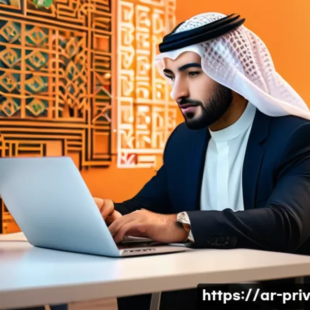 데이터 프라이버시와 개인의 권리 - A professional Arab man in his 30s sitting at a modern desk in a warmly lit home office, focused on ...