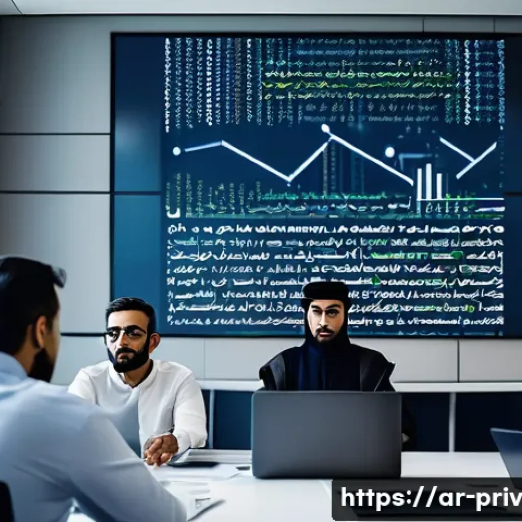 데이터 프라이버시와 법률 준수 - A modern office scene showing a diverse group of Arab professionals in business attire actively enga...