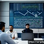 Home 21 데이터 프라이버시와 법률 준수 - A modern office scene showing a diverse group of Arab professionals in business attire actively enga...