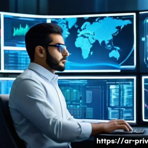 Home 32 개인정보 보호와 기술 혁신 사례 - A futuristic digital security control room in a Middle Eastern high-tech office, showcasing advanced...