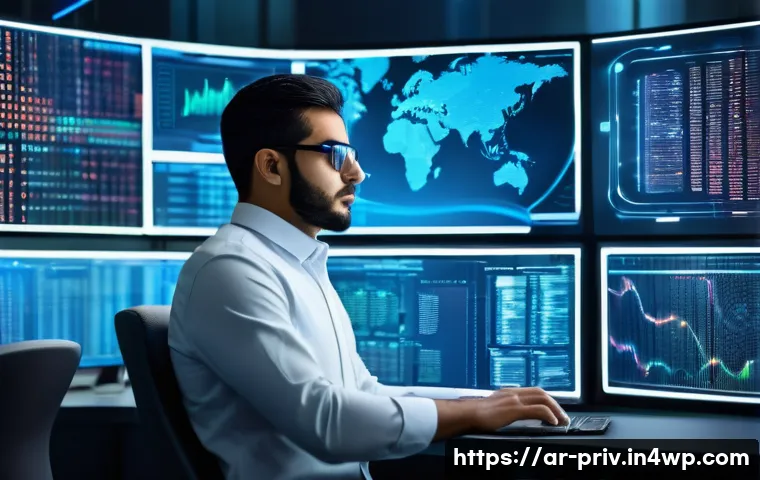 개인정보 보호와 기술 혁신 사례 - A futuristic digital security control room in a Middle Eastern high-tech office, showcasing advanced...