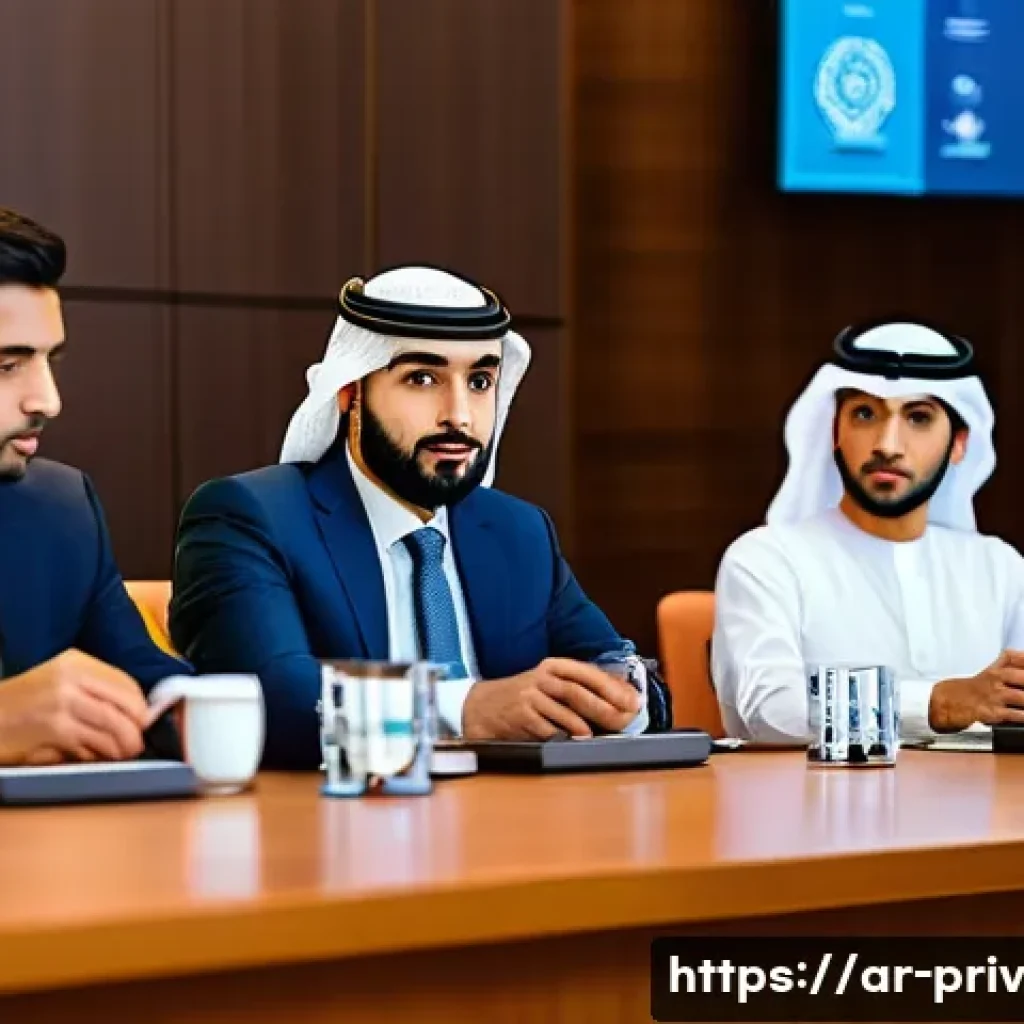 개인정보 보호 강화를 위한 법적 조치 - A professional Middle Eastern legislative conference scene focused on digital data protection laws, ...