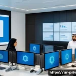 Home 18 개인정보 유출 사례 분석 - A modern corporate office environment in the Middle East with diverse Arab professionals engaged in ...