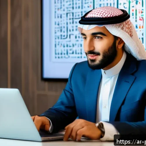 Home 17 안전한 파일 공유를 위한 방법 - A modern Arabic office setting with a professional Middle Eastern man in his 30s using a laptop disp...