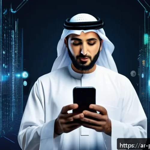 데이터 프라이버시와 인공지능의 관계 - A detailed digital artwork showing an Arabic man using a smartphone in a modern Middle Eastern urban...