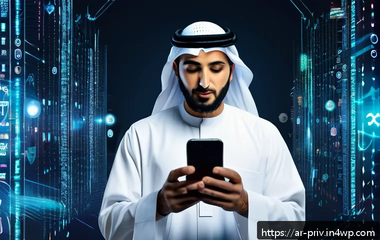 데이터 프라이버시와 인공지능의 관계 - A detailed digital artwork showing an Arabic man using a smartphone in a modern Middle Eastern urban...