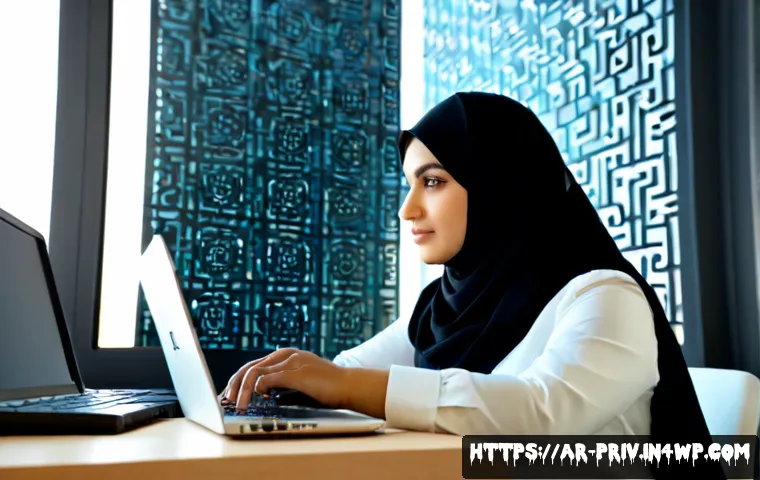데이터 프라이버시와 클라우드 보안 - Photorealistic modern cybersecurity workspace in a Gulf Arab office, Arab female IT professional wea...
