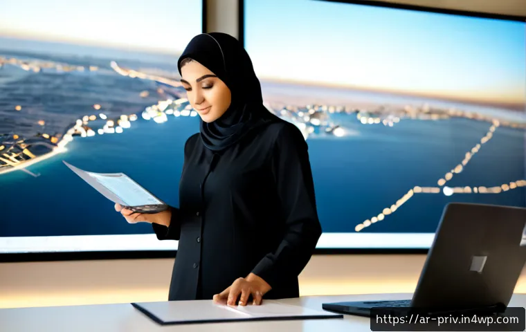 전 세계 데이터 프라이버시 규정 비교 - Photorealistic modern compliance office in Dubai, Arab female cybersecurity professional in modest b...