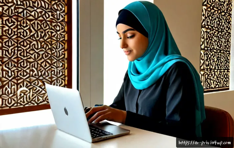 데이터 프라이버시와 소비자 권리 보호 - Photorealistic Middle Eastern woman in modest contemporary hijab seated at a tidy home office desk, ...